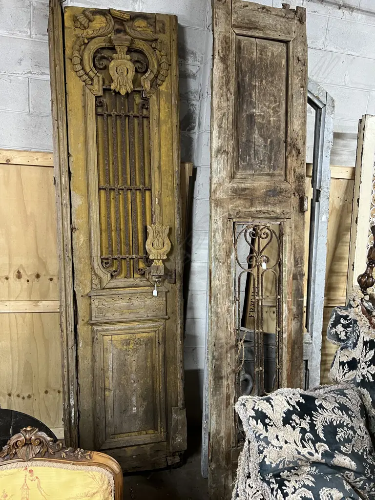 2 OLD FRENCH WOODEN TALL NAROOW DOORS not a pair some faults approx. 2550 x 600mm both w metal grille panel. Image 1++