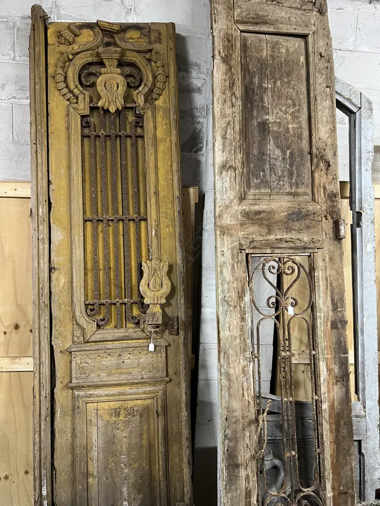 2 OLD FRENCH WOODEN TALL NAROOW DOORS not a pair some faults approx. 2550 x 600mm both w metal grille panel. Image 1++
