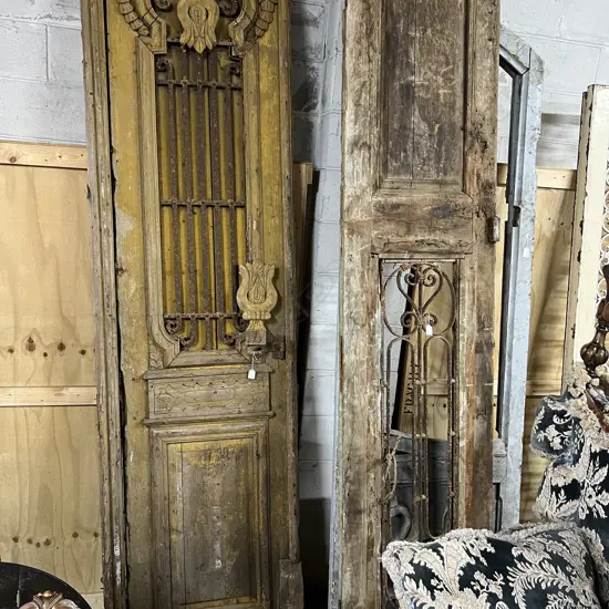 2 OLD FRENCH WOODEN TALL NAROOW DOORS not a pair some faults approx. 2550 x 600mm both w metal grille panel.