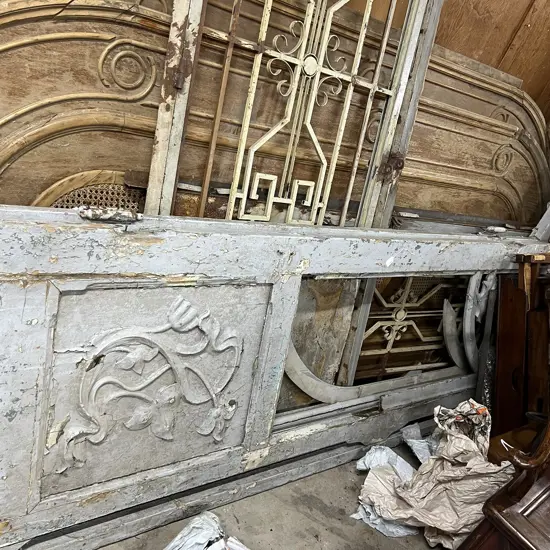 PR OLD FRENCH V.LGE DBLE DOORS incls arched sections & Art Nouveau panels birds etc H.2640 x W.3200mm some parts missing
