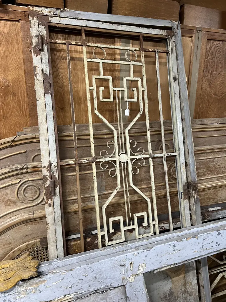 PR LGE OLD FRENCH METAL GRILLE DOORS geometric scrolls. Metal frames. solid panel lower sections H.2050mm x W.1730mm.AF Image 1++