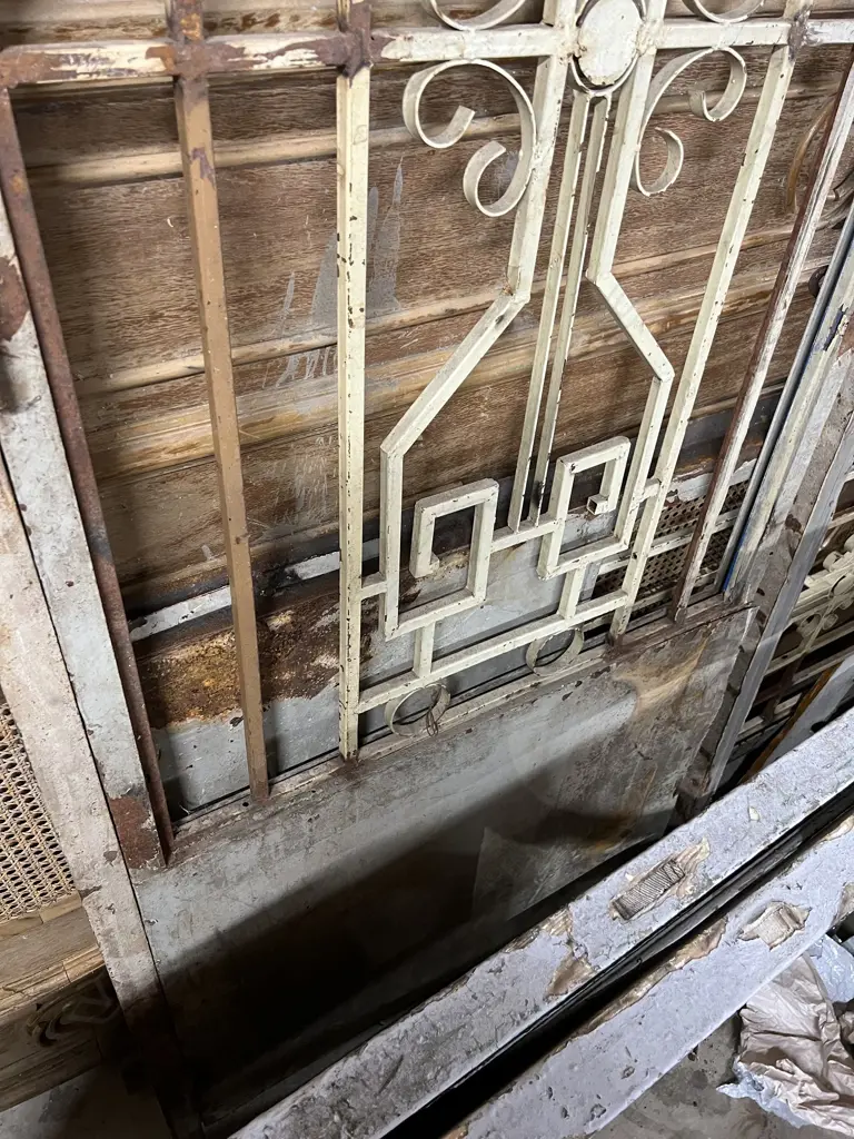 PR LGE OLD FRENCH METAL GRILLE DOORS geometric scrolls. Metal frames. solid panel lower sections H.2050mm x W.1730mm.AF Image 1++