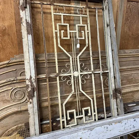 PR LGE OLD FRENCH METAL GRILLE DOORS geometric scrolls. Metal frames. solid panel lower sections H.2050mm x W.1730mm.AF