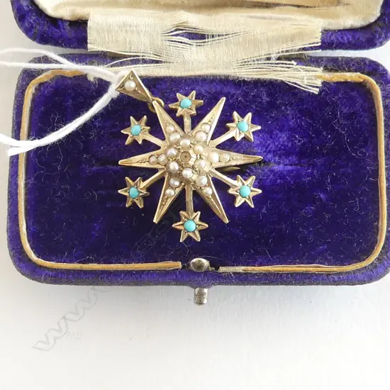 9CT GOLD PEARL & TURQUOISE STAR PENDANT BROOCH  CENTRAL PEARL MISSING 3.7gms