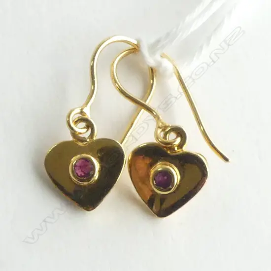 925/GOLD PLATED HEART EARRINGS, HOOK BACKS WITH RUBIES