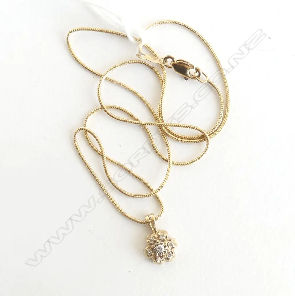 9CT GOLD DIAMOND CLUSTER PENDANT ON CHAIN 4gms Image 1++