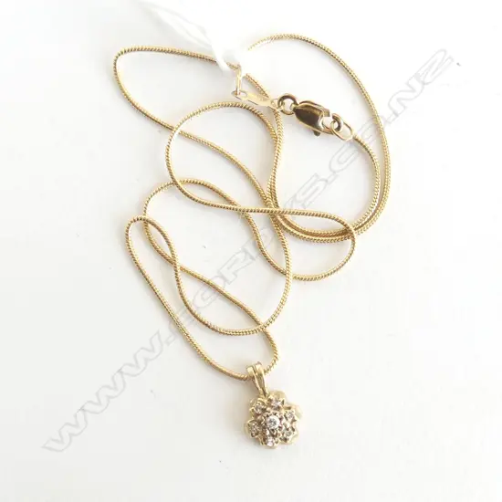 9CT GOLD DIAMOND CLUSTER PENDANT ON CHAIN 4gms