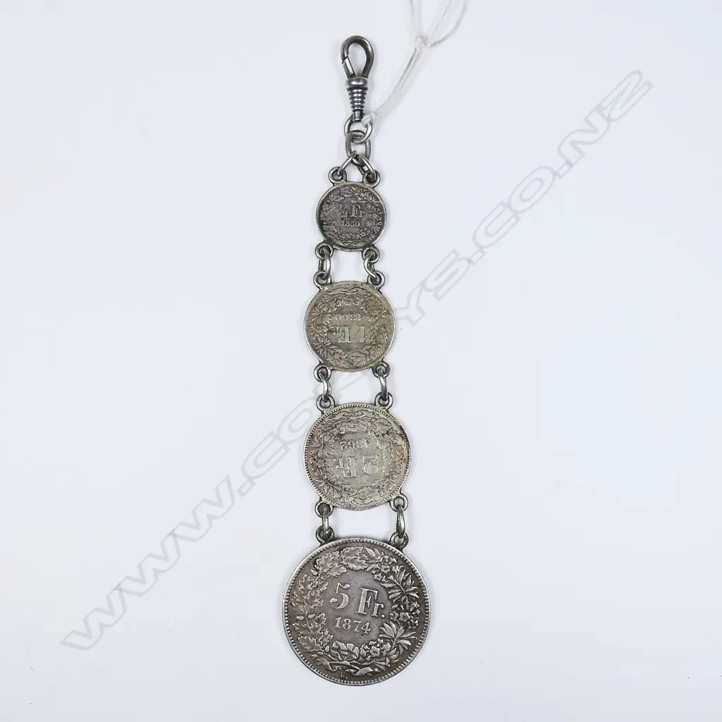 ANTIQUE SILVER FOB CHAIN WITH FOUR 1850-60s SWISS COINS, 49gm Image 1++