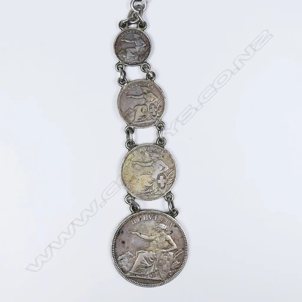 ANTIQUE SILVER FOB CHAIN WITH FOUR 1850-60s SWISS COINS, 49gm Image 1++