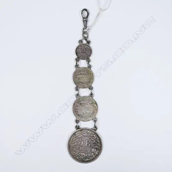 ANTIQUE SILVER FOB CHAIN WITH FOUR 1850-60s SWISS COINS, 49gm