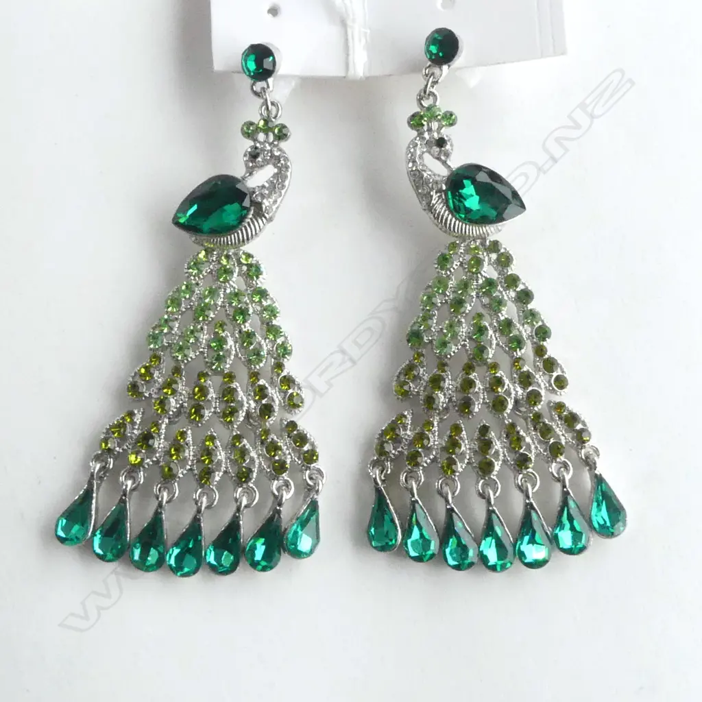 LG CHANDELIER PEACOCK EARRINGS, 1 broken but still wearable Image 1++