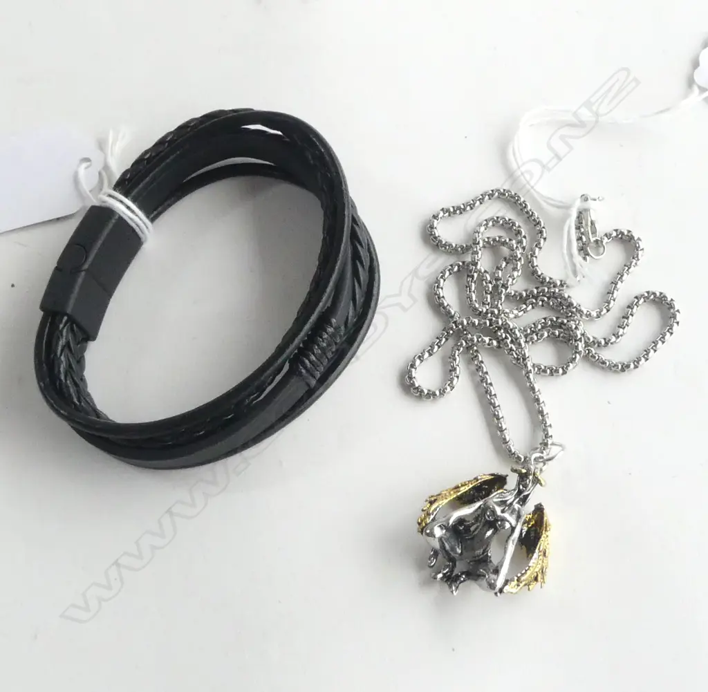 WOVEN LEATHER BOHEMIAN BRACELET & 'WINGED LADY' PENDANT & CHAIN Image 1++