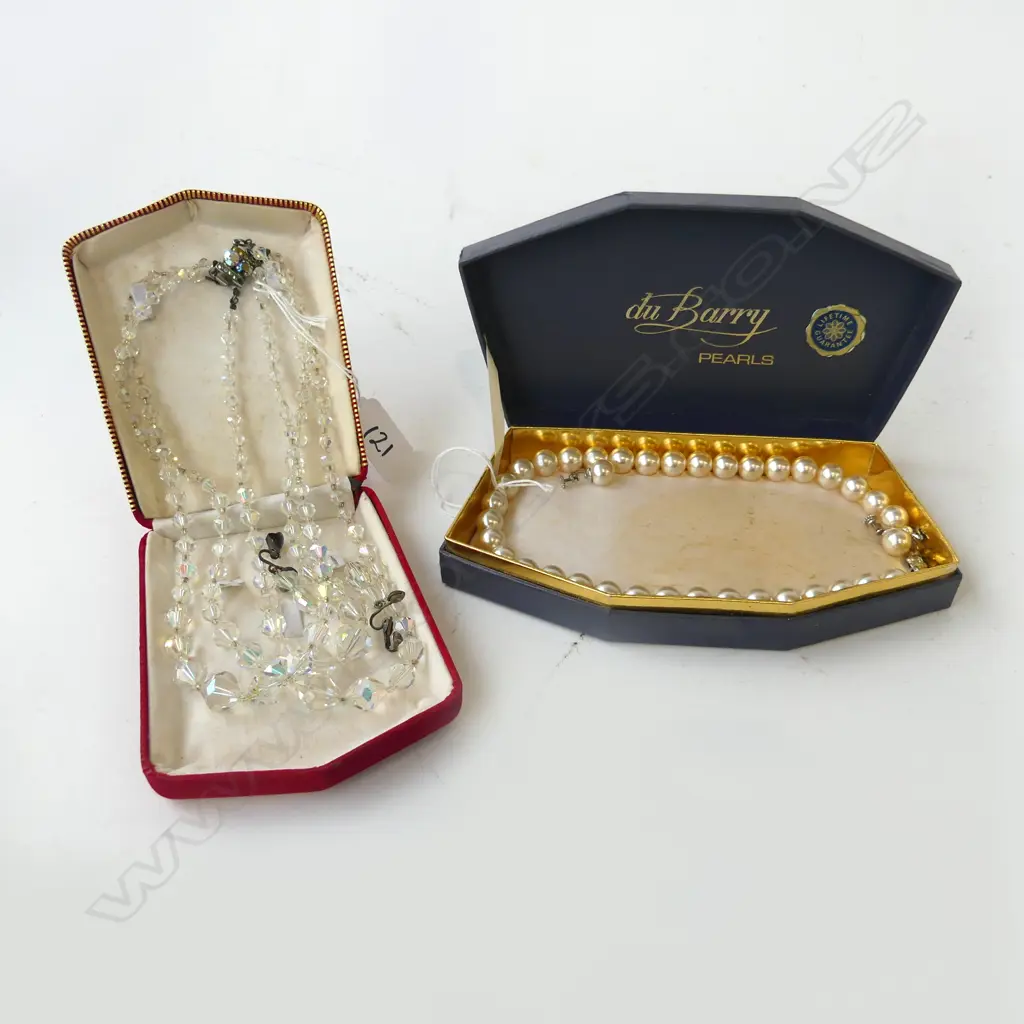 DU BARRY PEARL NECKLACE & EARRINGS SET, CRYSTAL NECKLACE, BOTH BOXED Image 1++