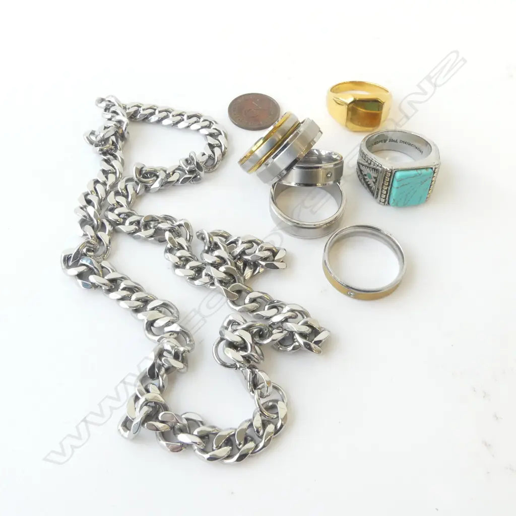 7 COSTUME RINGS, NECKLACE, GERMAN WWII COIN Image 1++