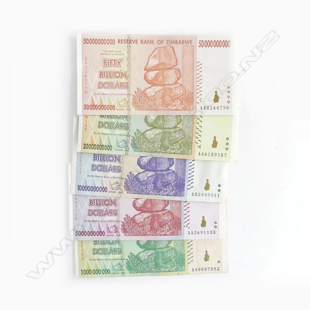 5 ZIMBABWE BANK NOTES; 1, 5, 10, 20 & 50 BILLION DOLLARS Image 1++
