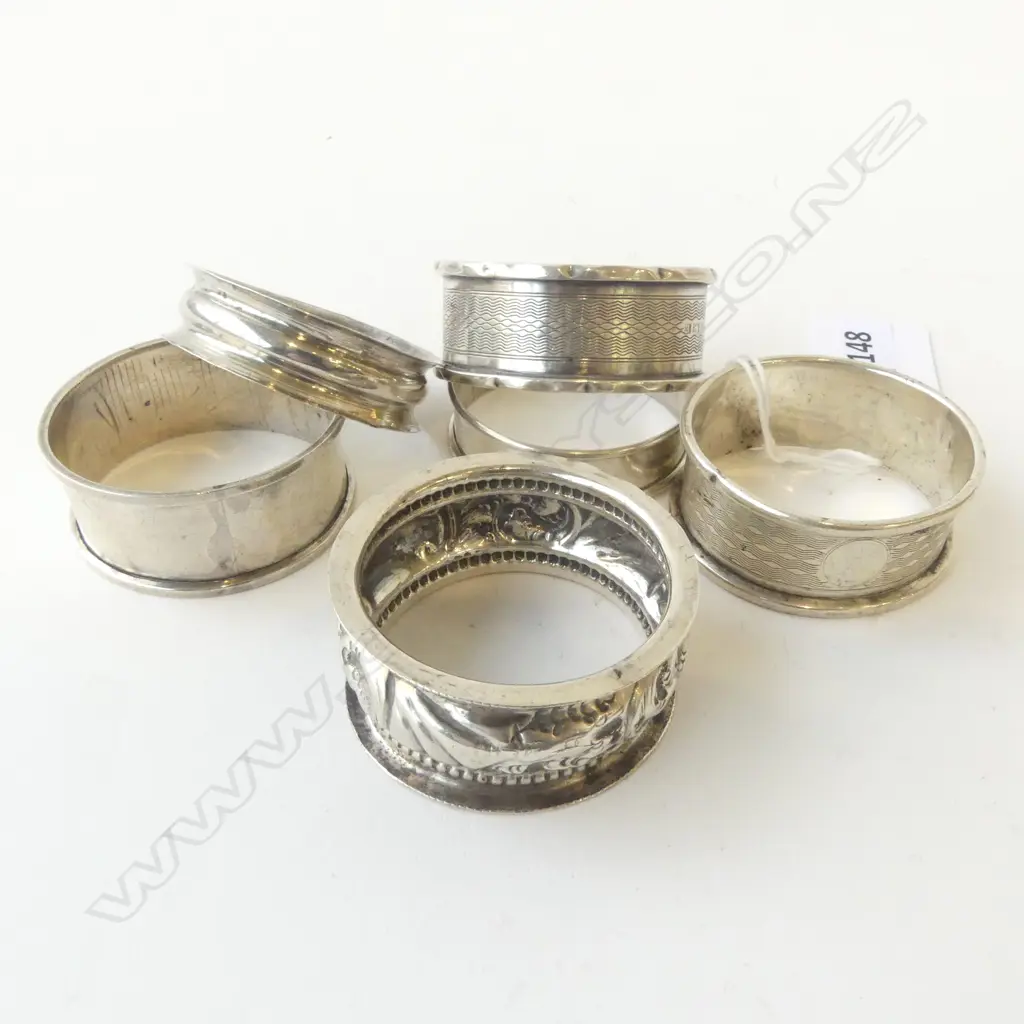 SIX STG SILVER NAPKIN RINGS ENGLISH HALLMARKS BIRMINGHAM 1910 ETC Image 1++