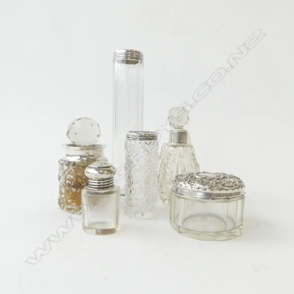 6 SILVER TOPPED VANITY BOTTLES & TRINKET BOX VARIOUS SIZES stamped Image 1++