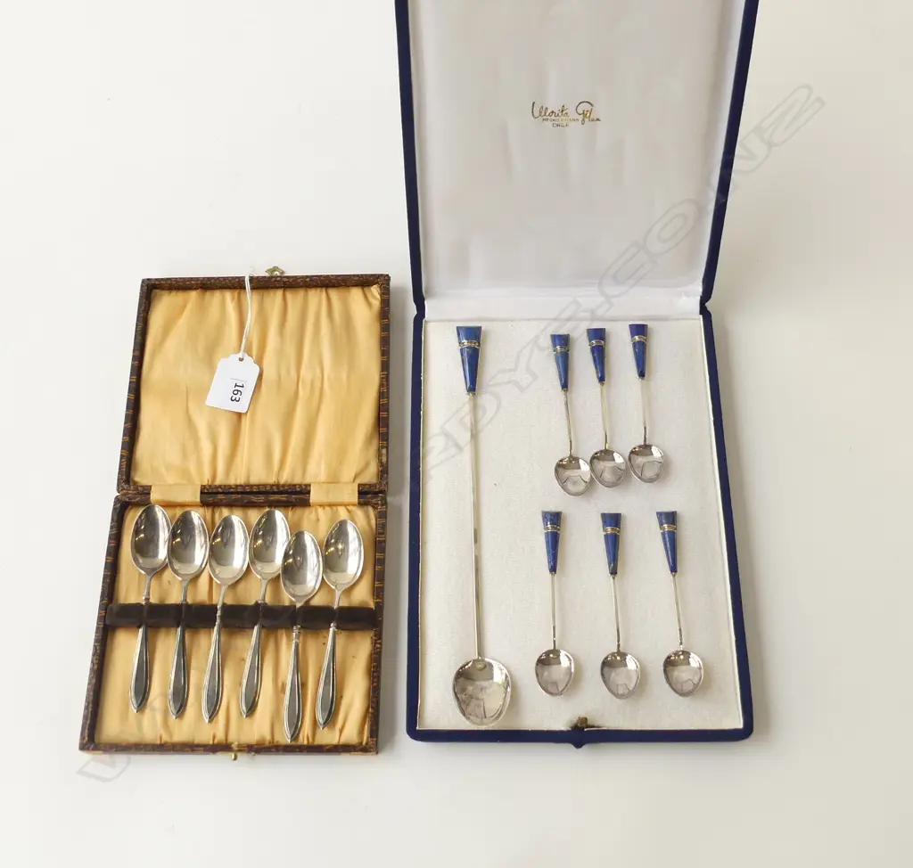 2 CASED SETS SILVER SPOONS; B'HAM 1924 60.8gms + CHILEAN 950 SILVER & LAPIS Image 1++