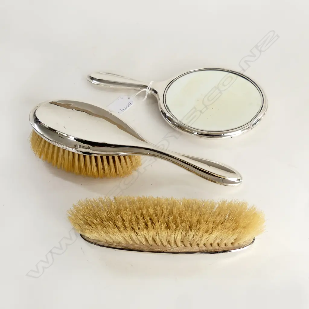 3 PCE STG SILVER VANITY SET; 2 BRUSHES & HAND MIRROR, B'HAM 1923 Image 1++