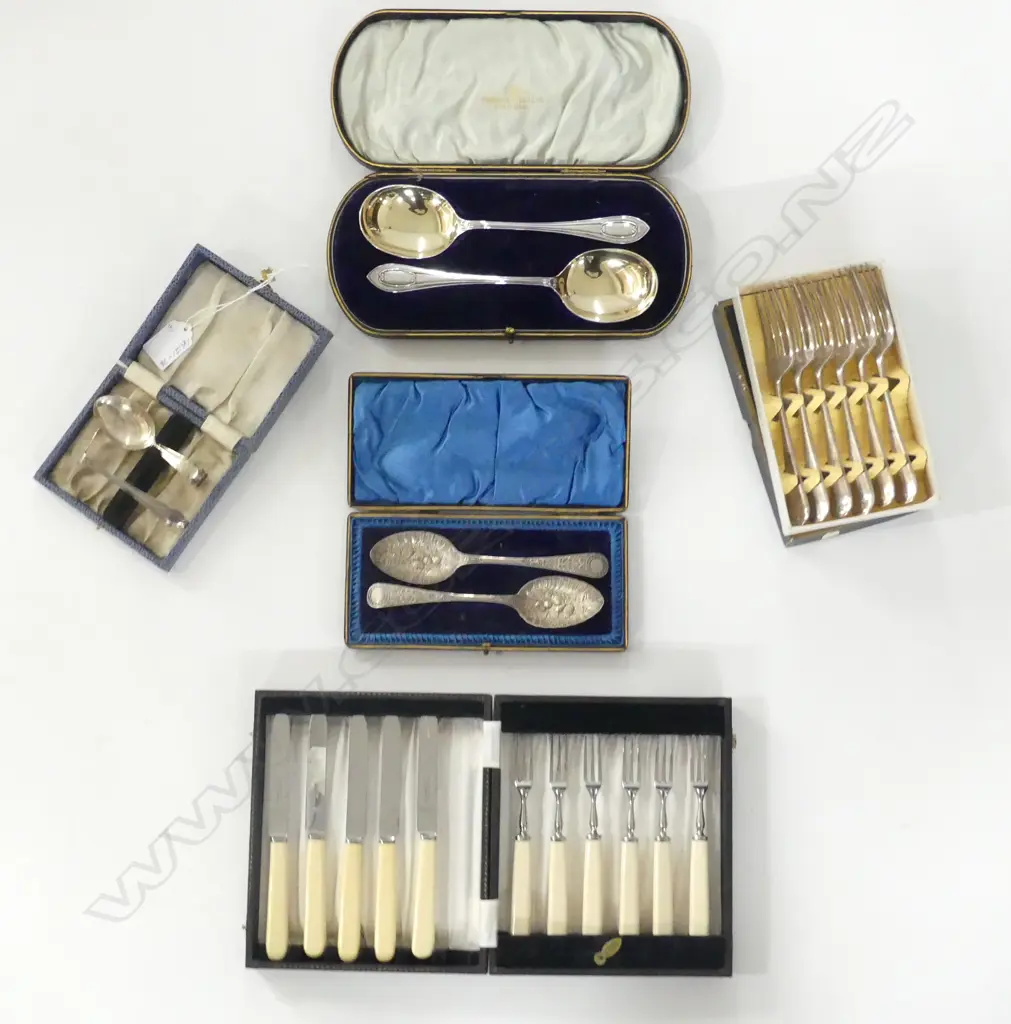 5 SETS SILVER PLATE CUTLERY, INCLD c.1880 BERRY SPOONS, DECO SERVING SPOON & FRUIT KNIFE/FORK SET Image 1++