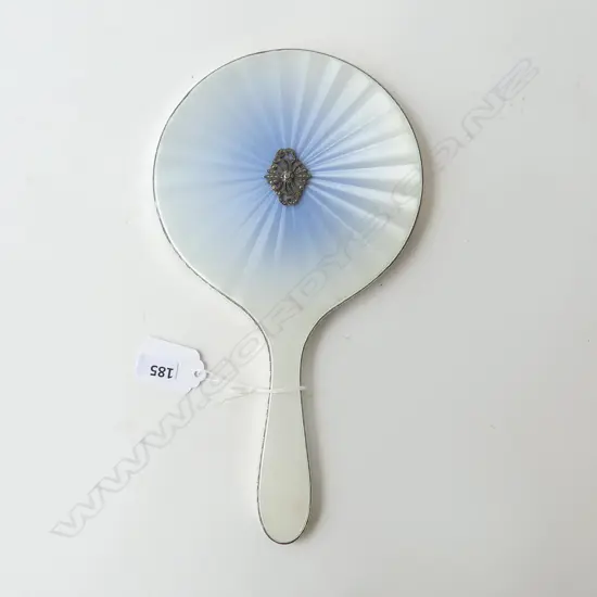 STG SILVER GUILLOCHE ENAMEL AND MARCASITE HAND MIRROR LONDON 1960 (SOME SPOTS TO GLASS), L.260MM  