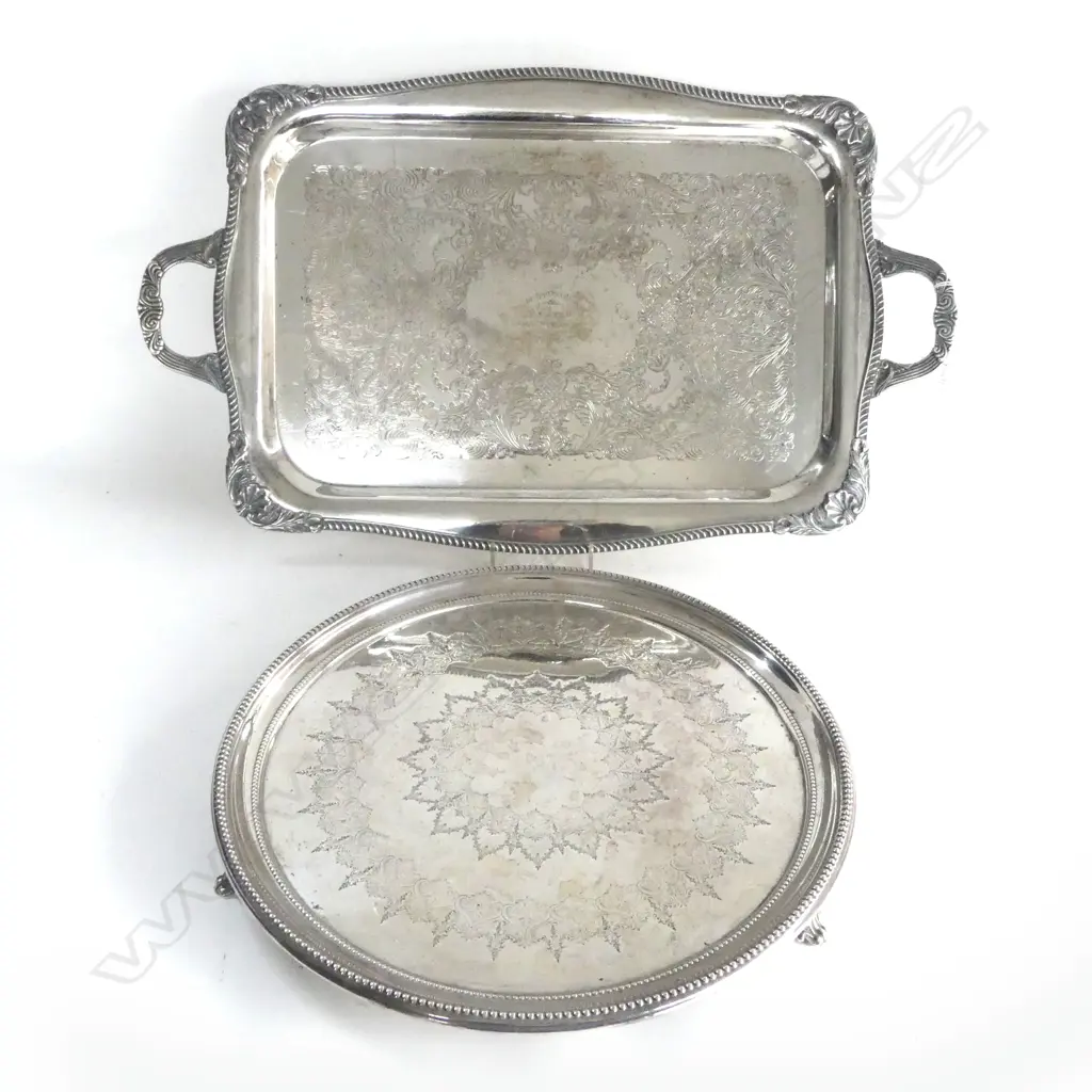 2 SILVER PLATE TRAYS; 355mm dia & 360x605mm Image 1++