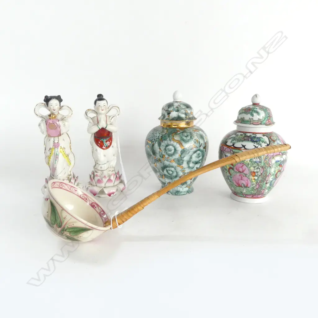 5 CHINESE ITEMS, 2 GINGER JARS, H.170mm, 2 FIGURINES H.160mm & CANE HANDLED LADLE Image 1++