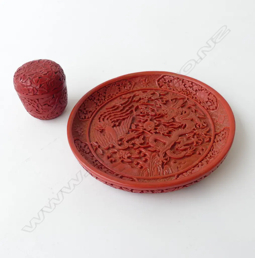2 PCES CINNABAR; PLATE 200mm dia (RESIN) & LIDDED CONTAINER (GENUINE) H.70mm Image 1++