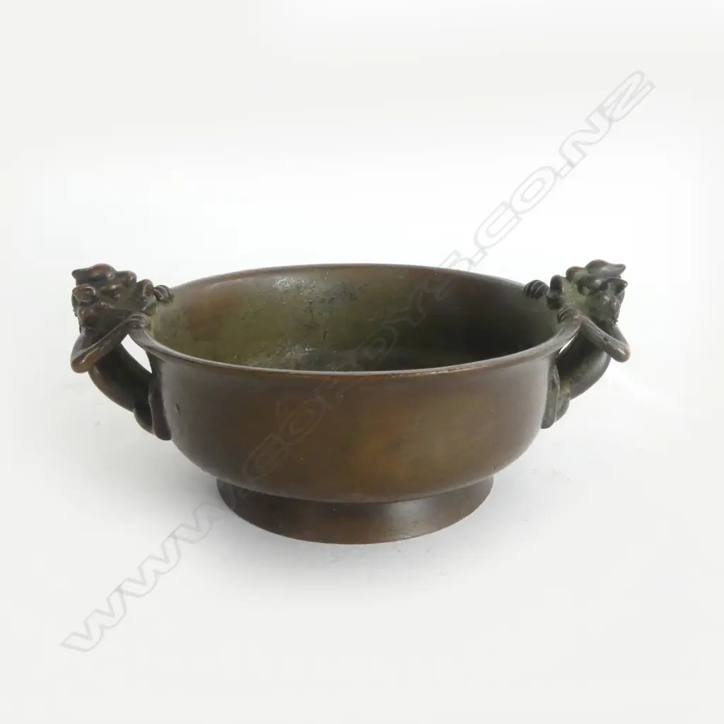 CHINESE BRONZE BOWL w. DRAGON HANDLES 85mm dia Image 1++