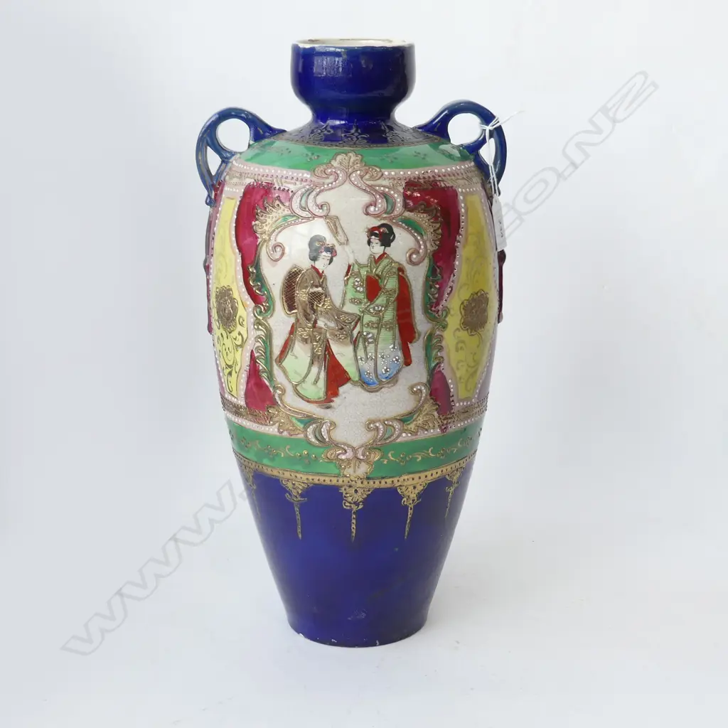 LARGE VINTAGE 2 HANDLED BRIGHT COLOURED SATSUMA VASE H410MM Image 1++