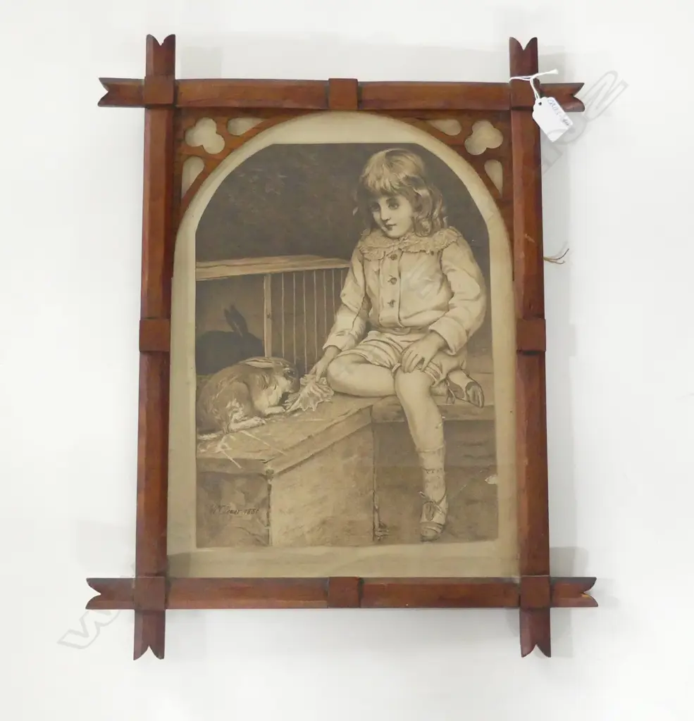 VICTORIAN PENCIL DRAWING 'BOY w RABBIT' IN HANDMADE WOODEN FRAME H.320 x 230mm Image 1++