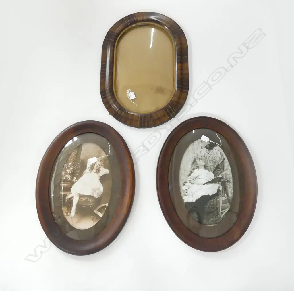 3 VICTORIAN OVAL PICTURE FRAMES, 2 OAK w B/W PICS YOUNG GIRLS, 1 TIGERWOOD Image 1++
