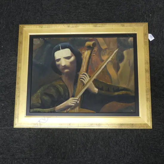 PHYLLIS CROWLEY 'THE DARK CELLIST' (GRETA OSTOVA) OIL ON BOARD 370x500mm information verso