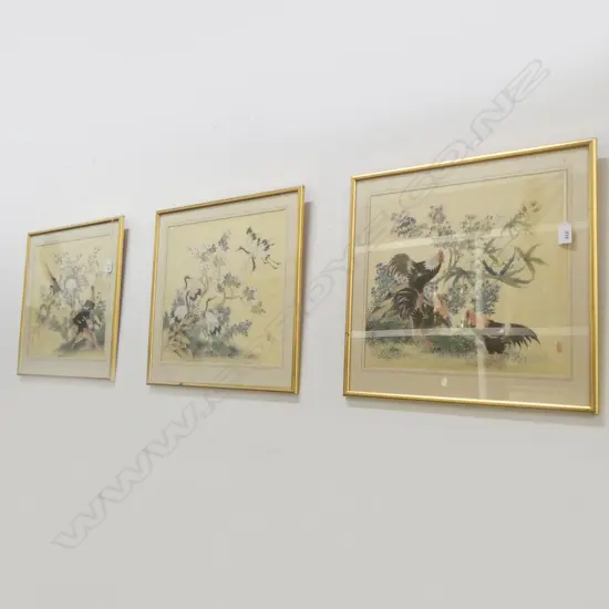 3 SIGNED ORIENTAL WC ON FABRIC, 345x380mm