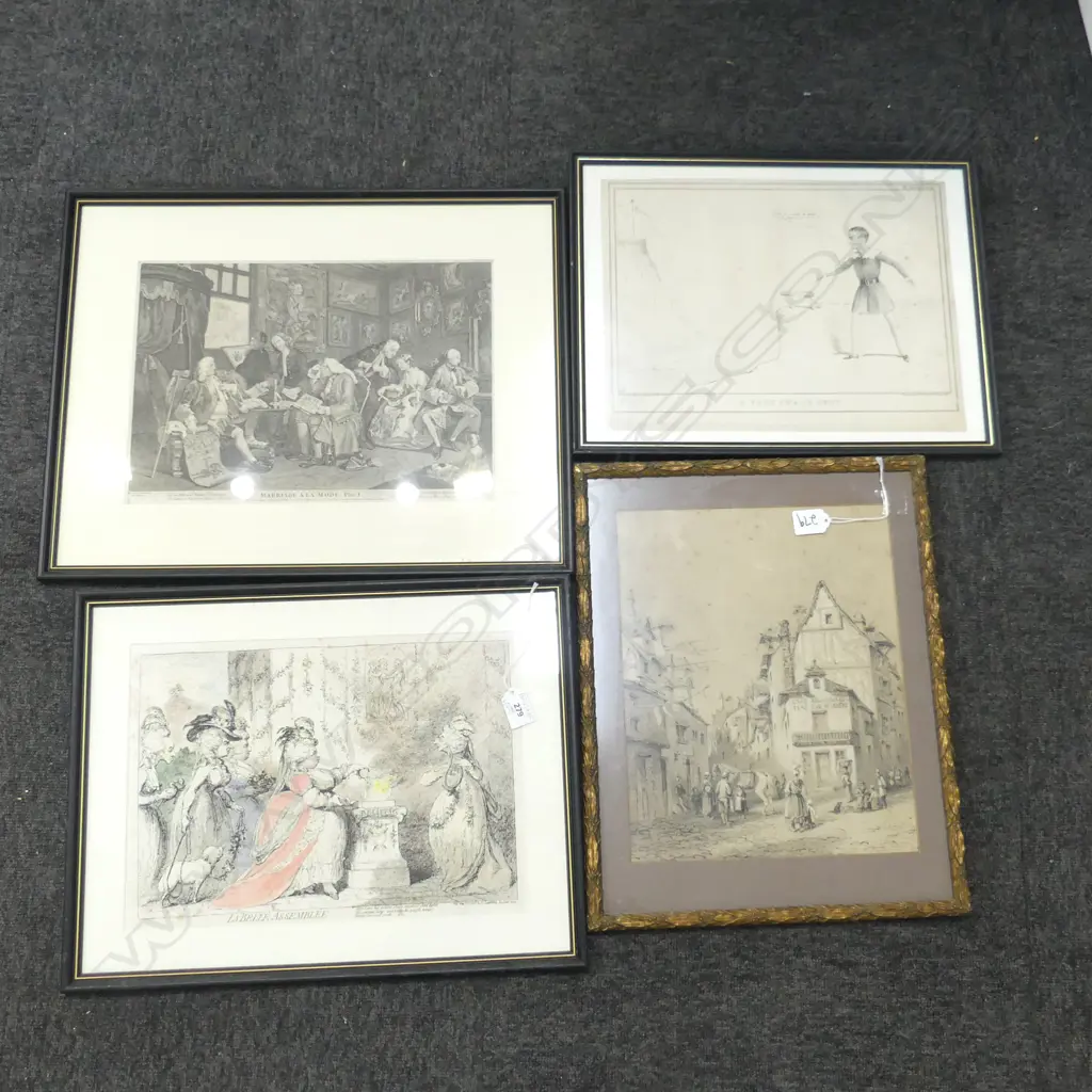 4 ARTWORKS; 19thC ROUEN CHALK DRAWING 330x265mm, 3 CARICATURE PRINTS Image 1++