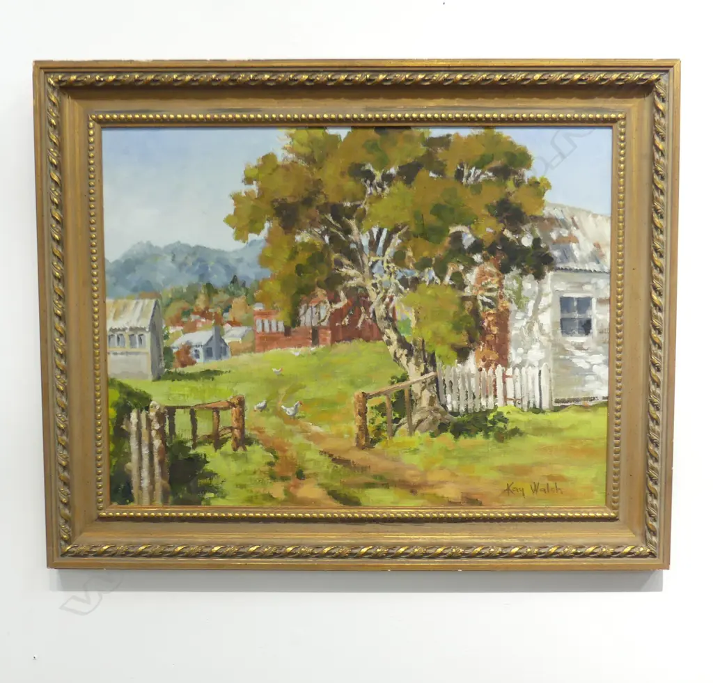KAY WALSH, LANDSCAPE w. TREE & CHICKENS, OIL ON BOARD 440x580mm Image 1++