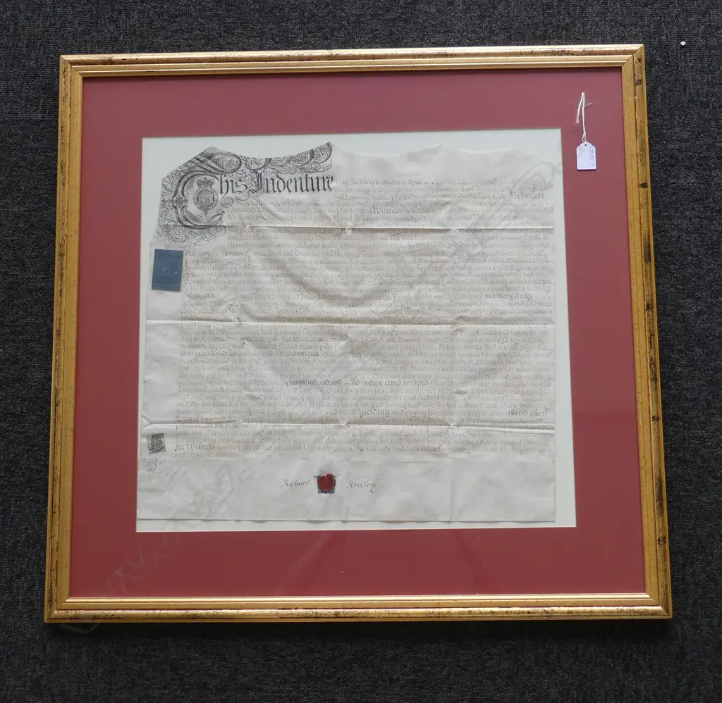 LGE FRAMED 1759 HAND WRITTEN INK INDENTURE 'Robert Healey of Scotland...' 480 x 510mm gilt framed under glass Image 1++