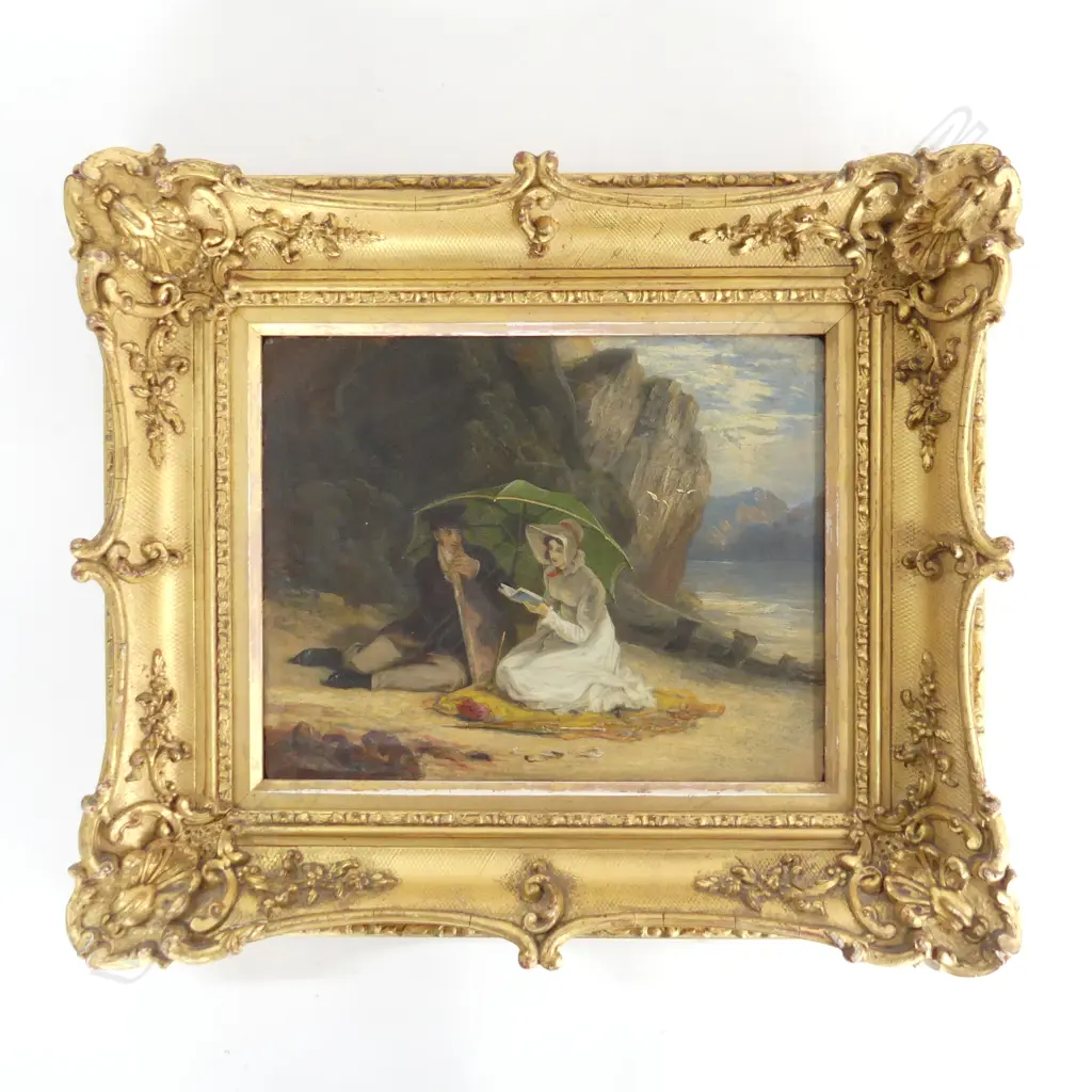 19thC ENGLISH SCHOOL, COUPLE ON BEACH, OIL ON BOARD 195x250mm Image 1++