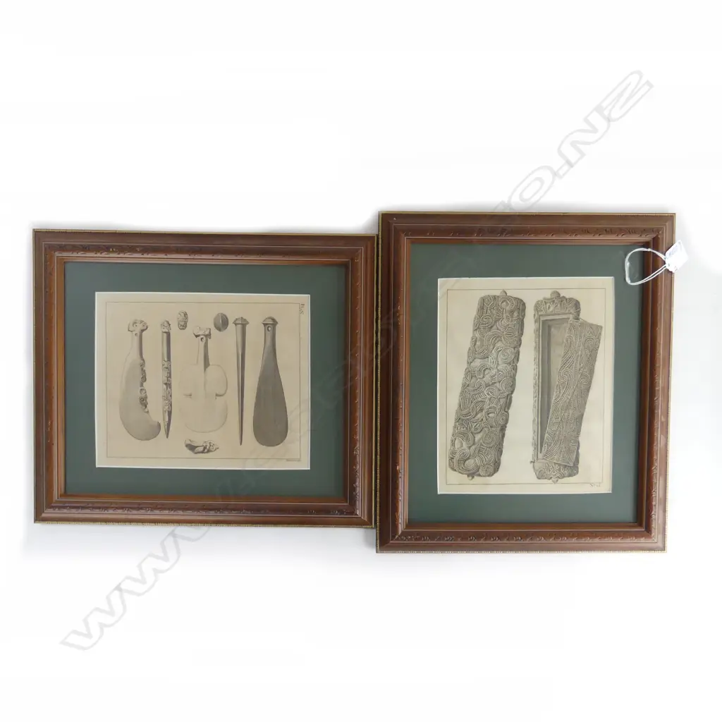 2 X 18thC  ENGRAVINGS from Cook's Voyages of Maori artefacts framed 360 x 300mm Image 1++