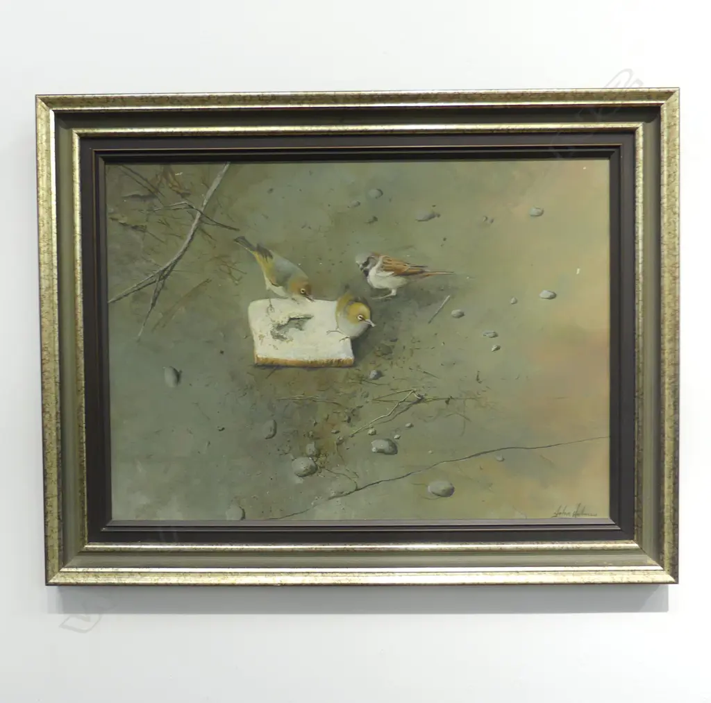JOHN HOLMES 'THE PECKING ORDER' OIL ON BOARD 1984 390x540mm Image 1++