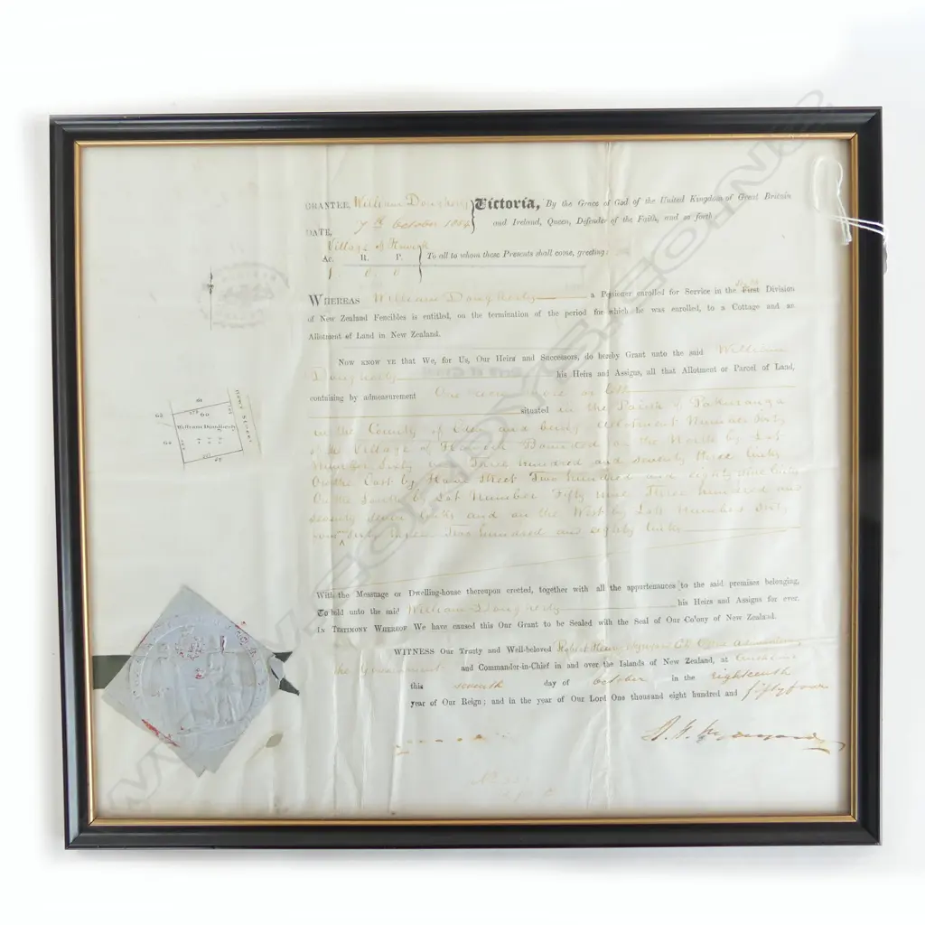 1854 NEW ZEALAND FENCIBLE GRANT to Willian Dougherty in the Pakuranga Howick area. Signed by Robert Wynyard. 355 x 395mm Image 1++