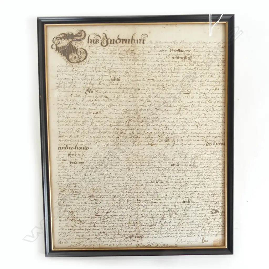 1677 INDENTURE DEED. HAND WRIITEN IN INK. FRAMED UNDER GLASS. 415 X 339mm. Image 1++