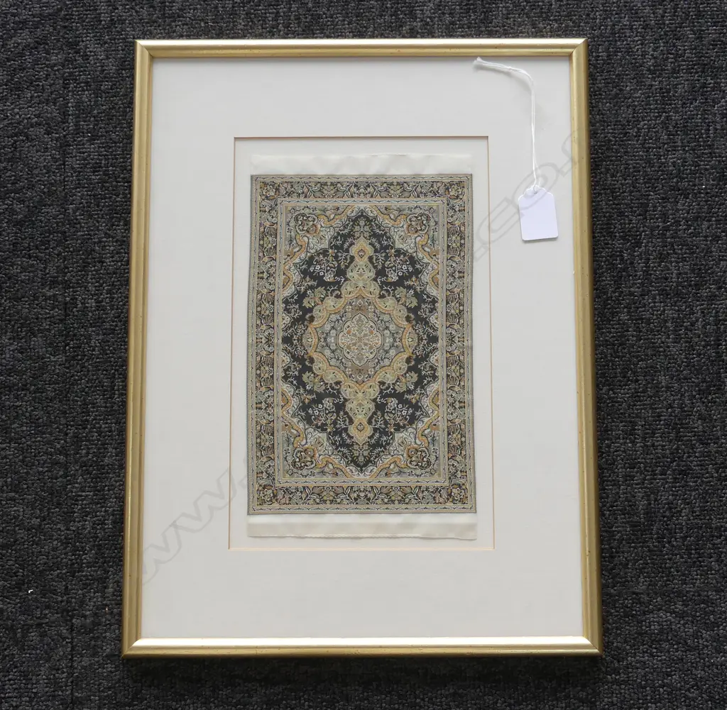 FINELY EMBROIDED MINIATURE SILK RUG 230 x 150mm FRAMED UNDER GLASS Image 1++