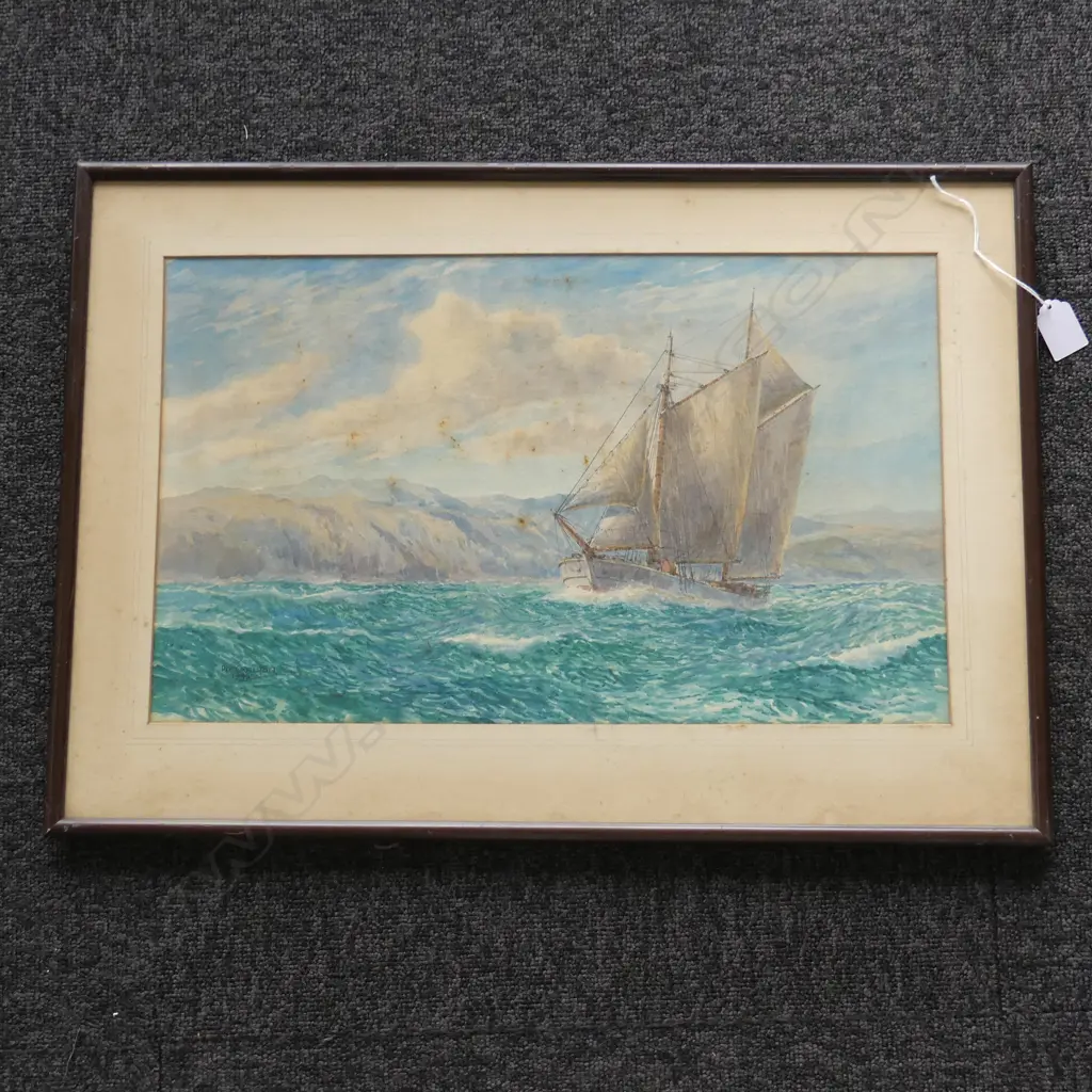 RIX CARLTON schooner off the coast watercolour  Signed 290 x 480mm framed foxing mainly on glass Image 1++