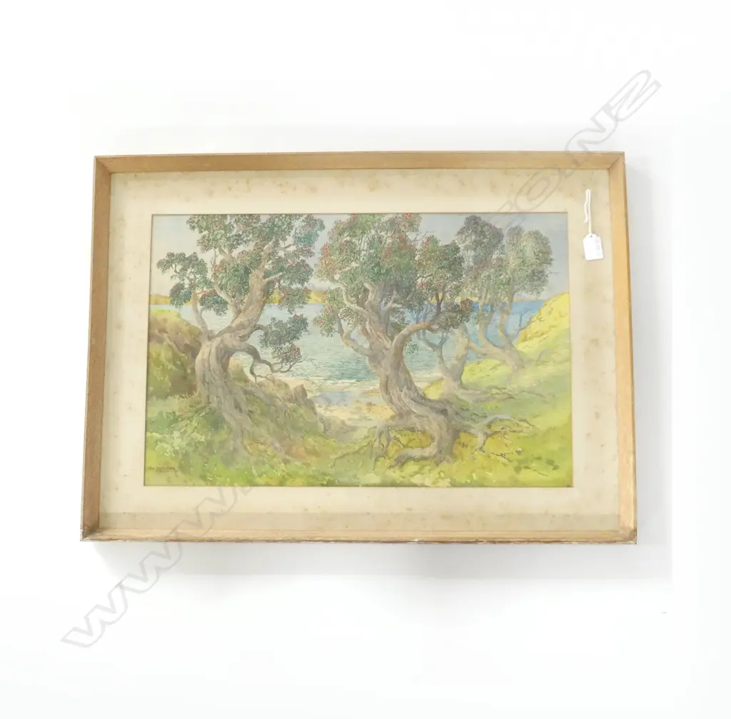 RIX CARLTON WATERCOLOUR COASTAL SCENE THROUGH POHUTAKAWAS signed 380 x 580mm Image 1++
