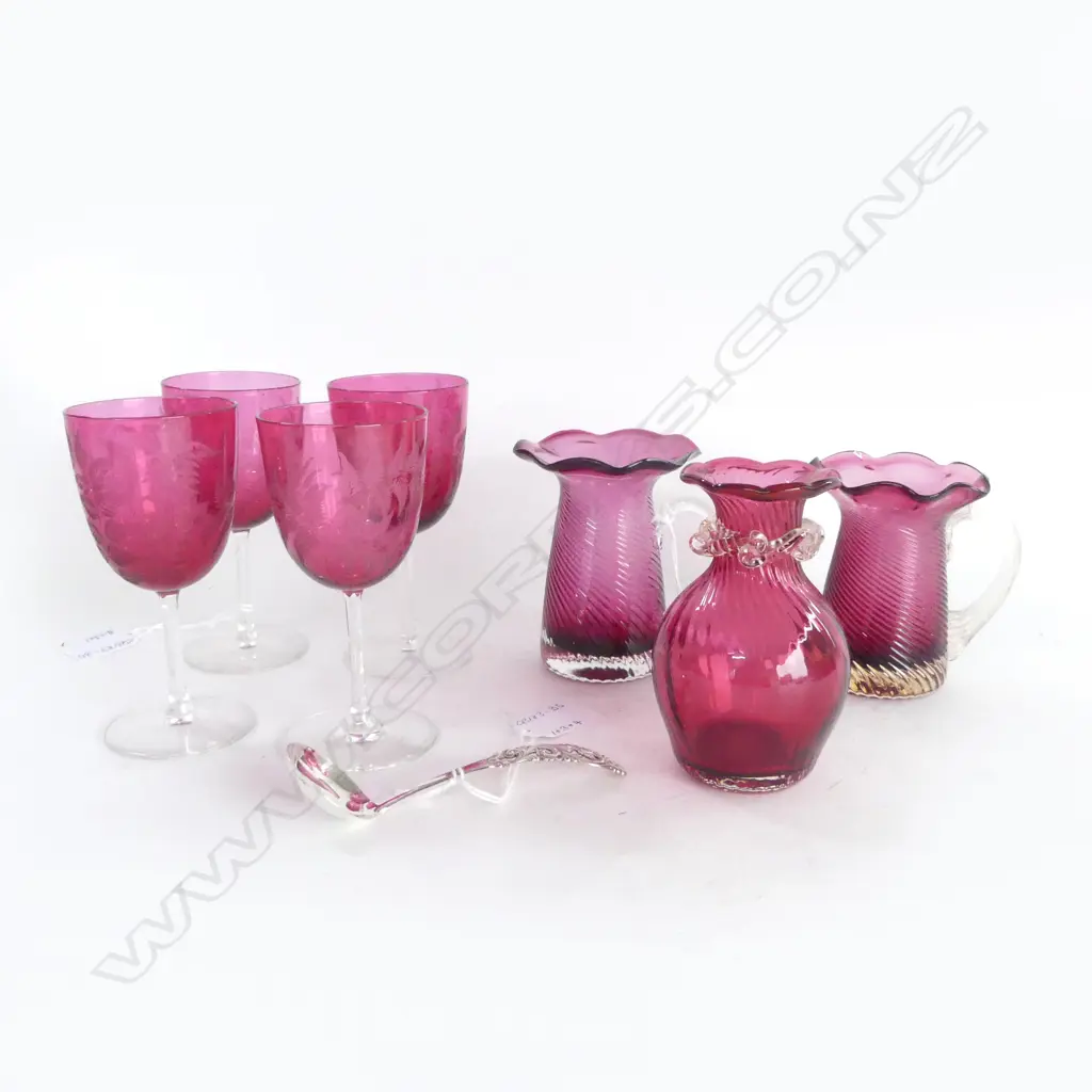 4 LATE VICTORIAN CRANBERRY STEMMED GLASSES, 3 PCS VINTAGE PILGRIM GLASS & DANISH 830 SILVER LADLE by BRODRENE MYLIUS Image 1++