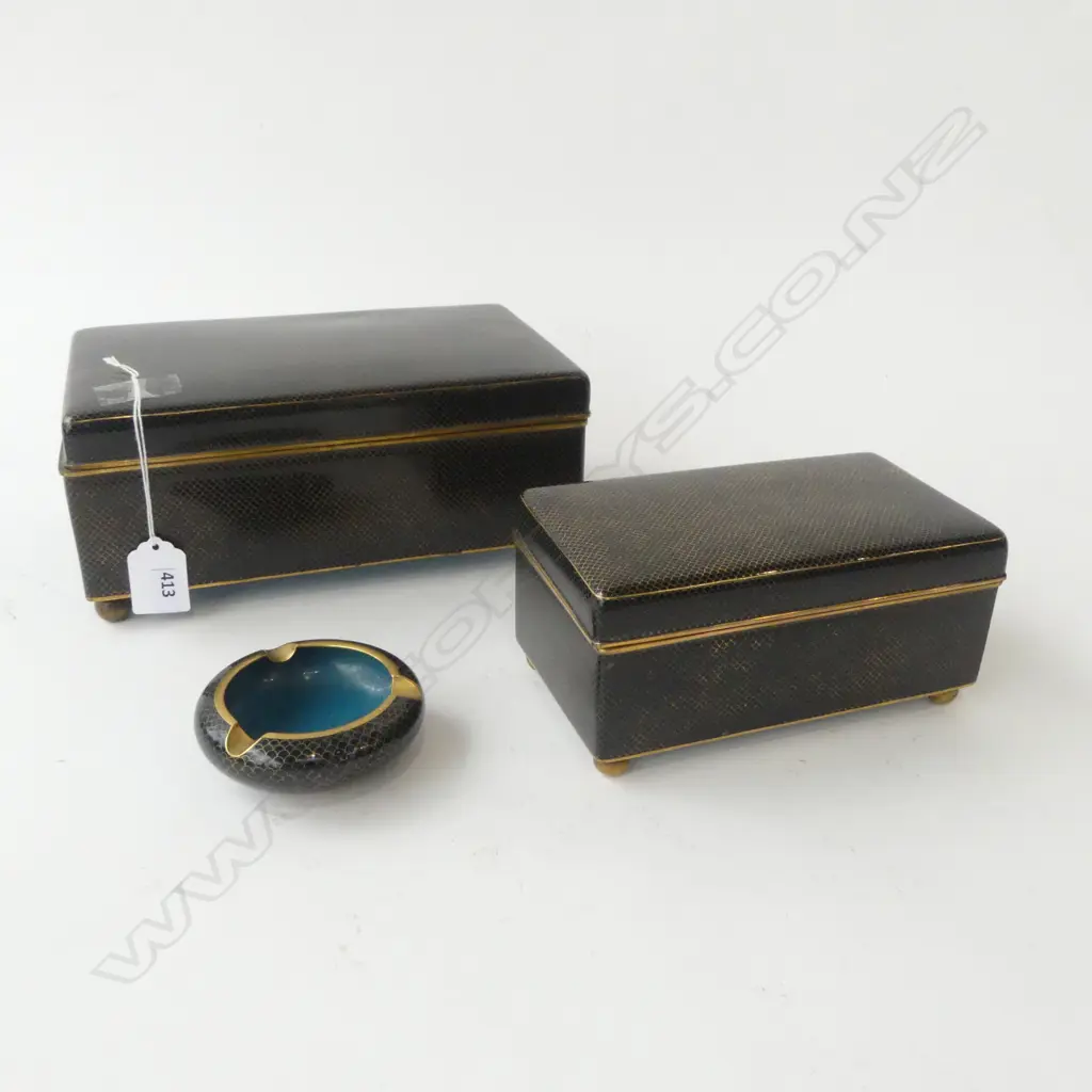 2 BLACK CLOISONNE BOXES, W.235 & 165mm + ASHTRAY 80mm dia Image 1++