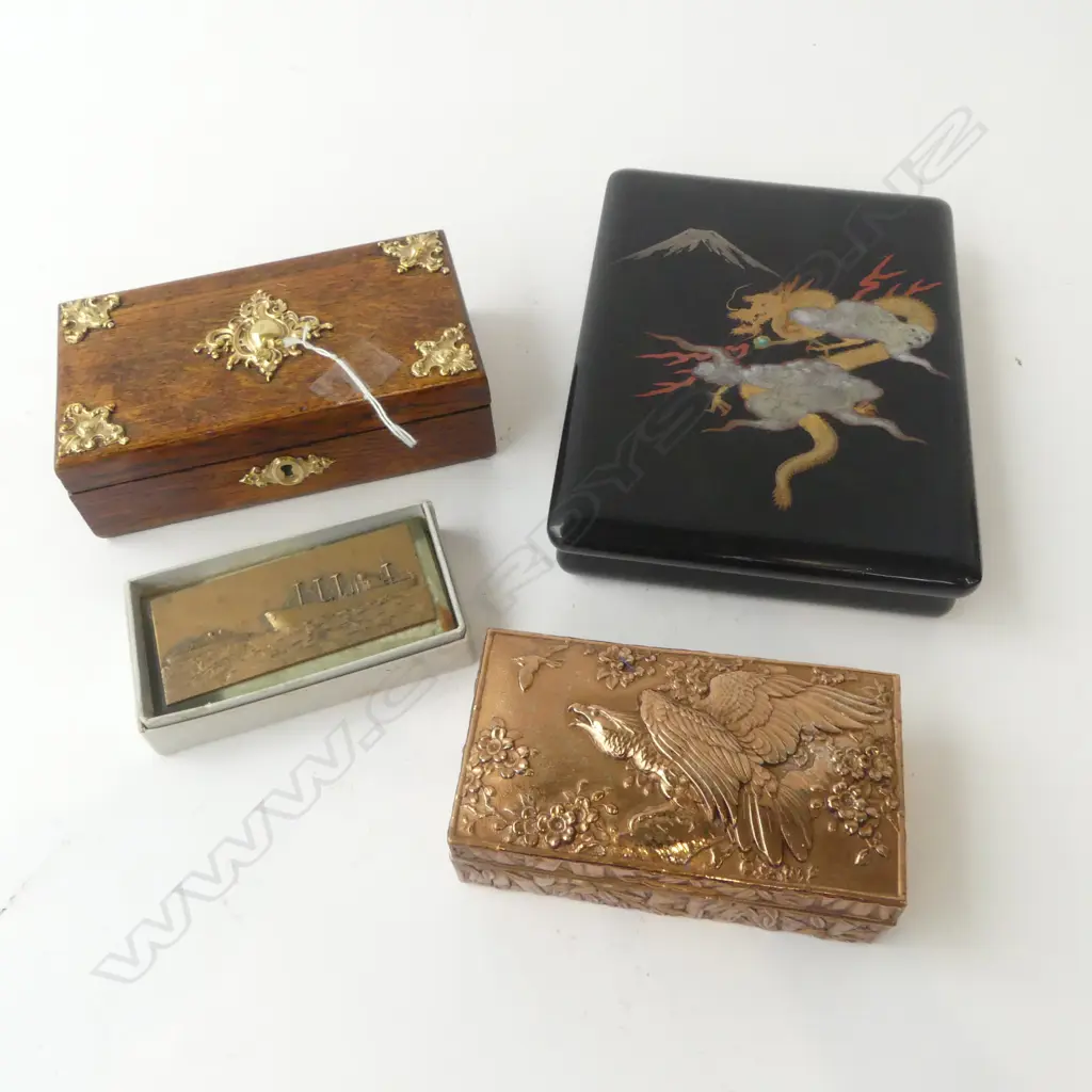 3 BOXES; 2 JAPANESE, OAK w. ORMOLU MOUNTS W.180mm + ROYAL ROTTERDAM LINE COMMEMORATIVE PLAQUE W.120mm Image 1++