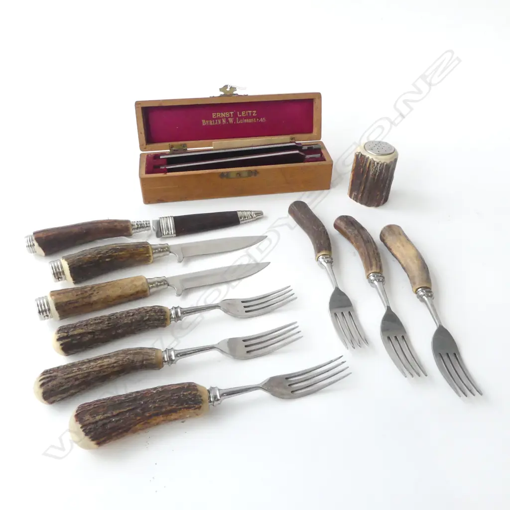 PART CUTLERY SET; ANTLER HANDLES; 6 FORKS, 3 KNIVES, SALT + ERNST LEITZ 2 PAPER CUTTING KNIVES L.170mm NO HANDLES, BOXED Image 1++