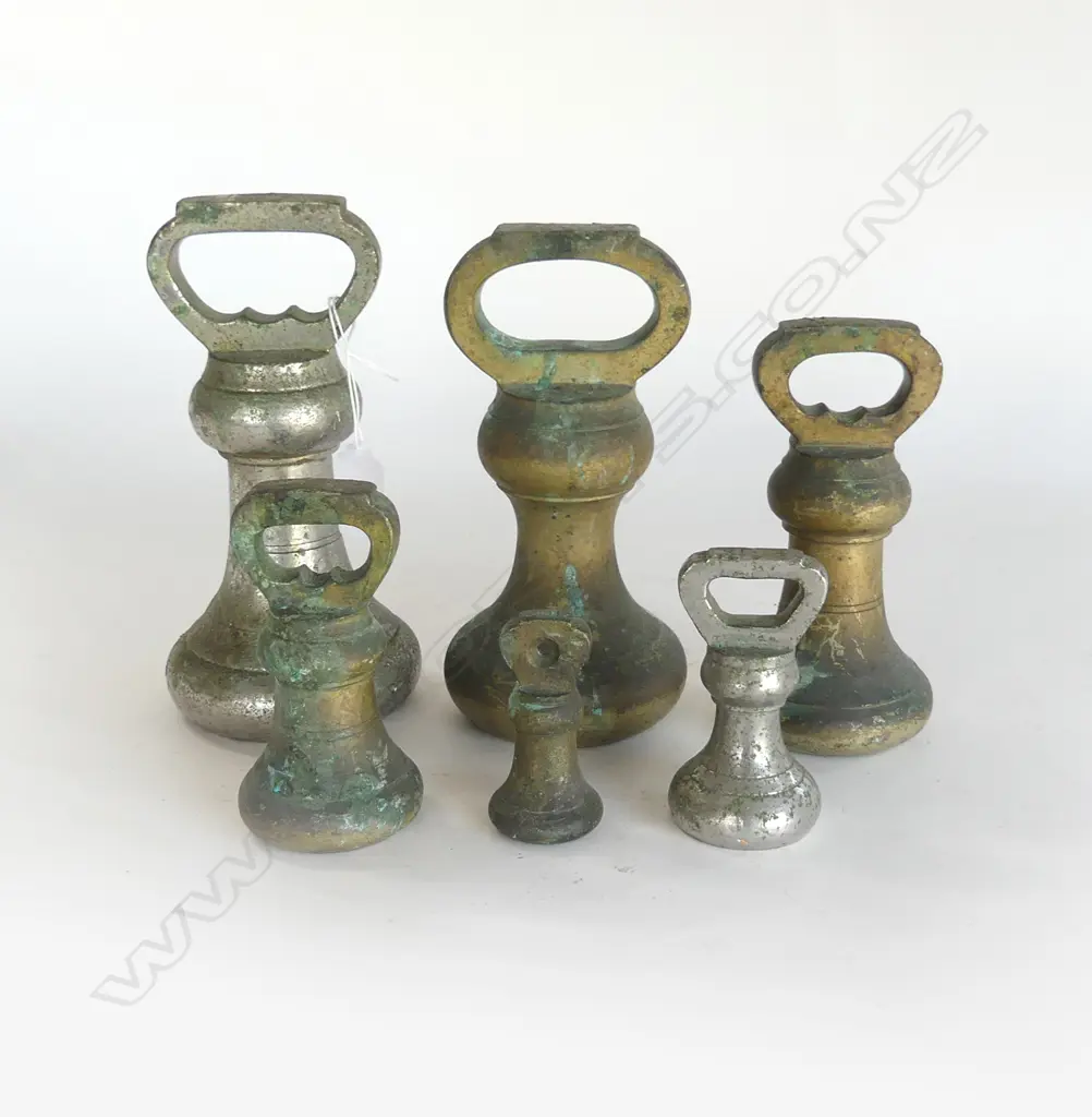 SET OF 6 GRADUATED BRASS BELL SHOP WEIGHTS H180MM TALLEST Image 1++